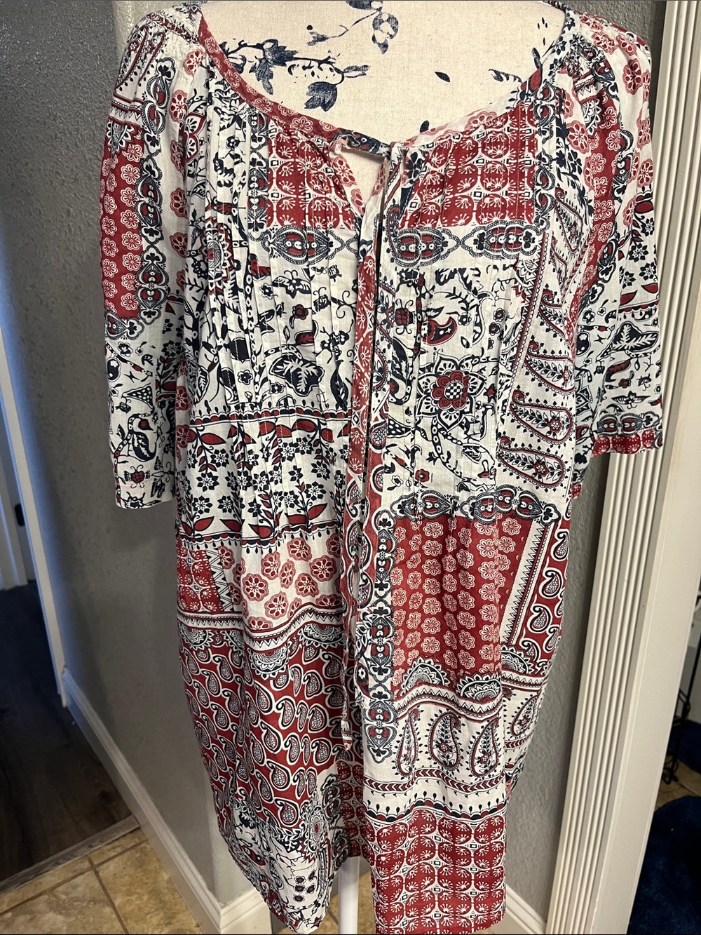 Liz & Me Red, White & Black Patchwork Boho Peasant Top
